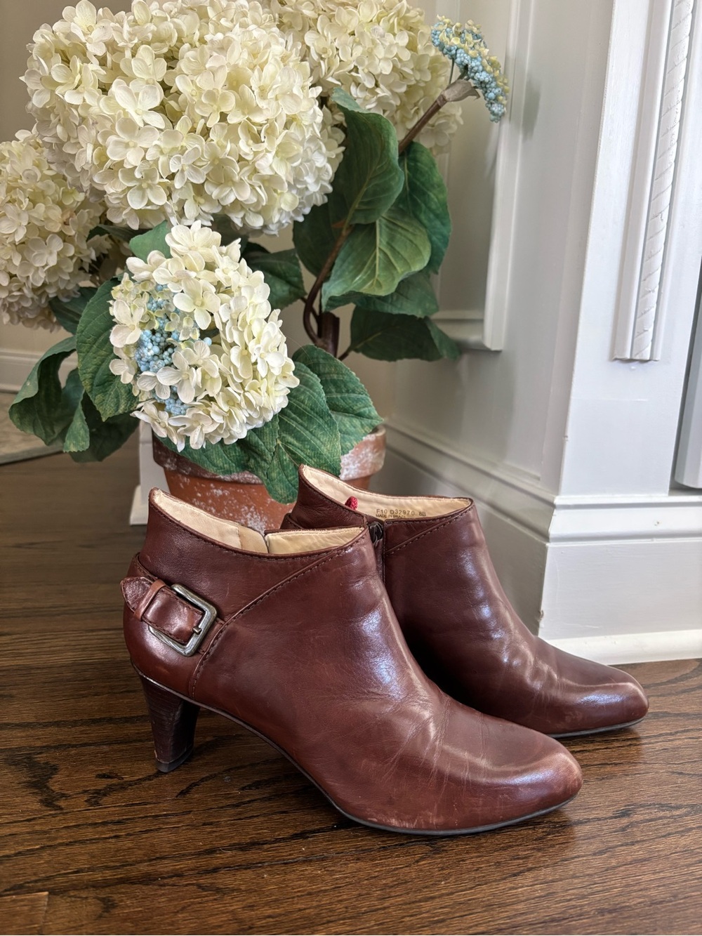 Cole Haan Brown Leather Ankle Booties with Buckle Accent